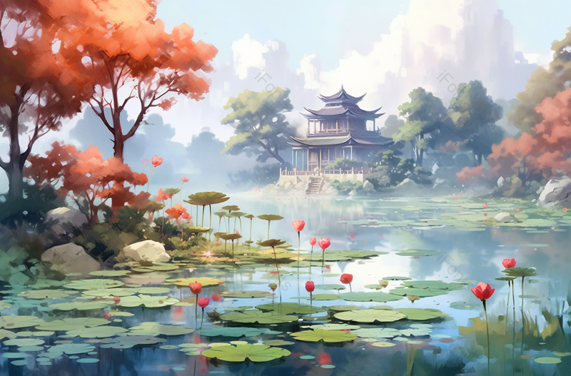 中国复古彩色公园中的莲花池,插画/手绘图,插画/手绘图库,插画/手绘图下载,插画/手绘